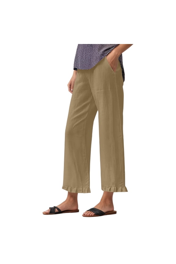 Women's Casual Pants Ladies Solid Color Linen Wide Leg Cropped Pants High Elastic Waisted Casual Trousers With Ruffled Hem Pockets For Breezy Summer Boho Style Casual Pants