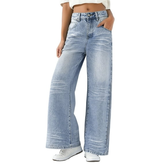 VNKIDY Women's Casual Pants Light Blue Vintage Wide Leg Jeans High Waisted Distressed Denim Pants With Retro Washed Texture For Effortless Casual Chic Fashionable Pants