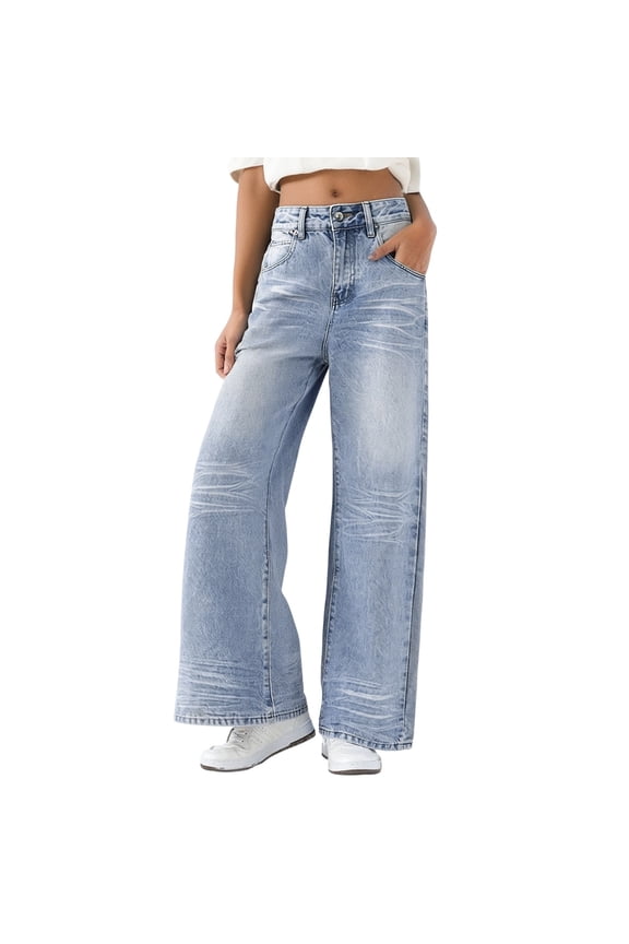 Women's Casual Pants Light Blue Vintage Wide Leg Jeans High Waisted Distressed Denim Pants With Retro Washed Texture For Effortless Casual Chic Relaxed Fit Pants