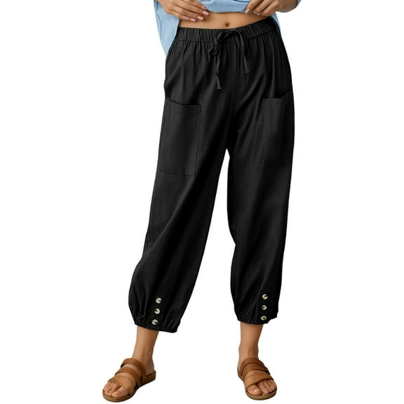 VNKIDY Women's Casual Pants Lightweight Solid Color Linen Cropped Pants Elastic Waisted Drawstring Trousers With Buttoned Pockets For Boho Chic Casual Style Cozy Pants