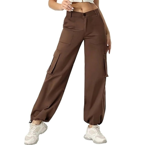 VNKIDY Women's Casual Pants Loose Fit Solid Color Cargo Pants Button Waist Stretch Trousers With Pockets For Streetwear Casual Style Casual Pants