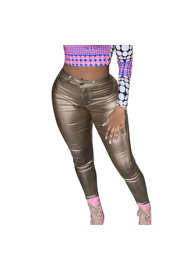 Women's Casual Pants Metallic Shiny Skinny Pants Button Waist Stylish Design Comfortable Trousers For Performance Party Casual Activities Cozy Trousers