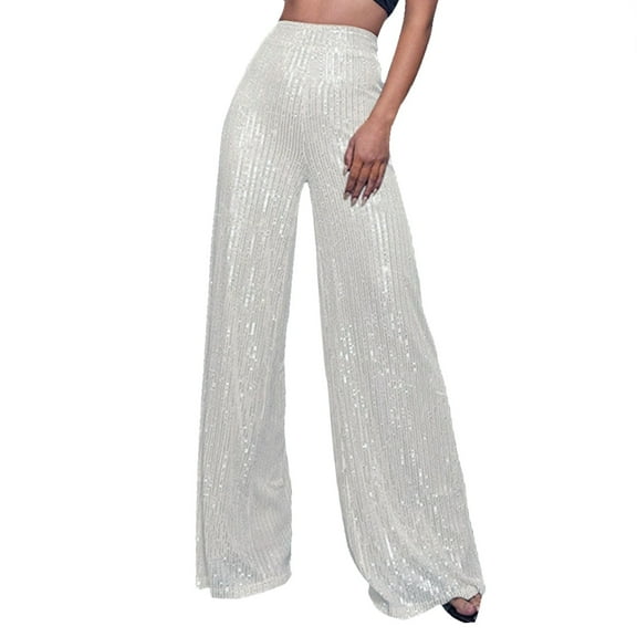 VNKIDY Women's Casual Pants Sequin Decorated Wide Leg Pants Solid Color Shiny Fabric Fashion Trousers For Party Performance Casual Activities Trendy Trousers