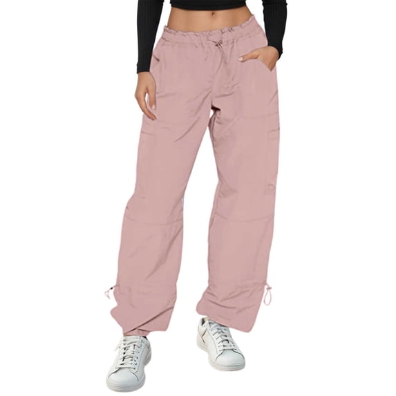 VNKIDY Women's Casual Pants Solid Color Cargo Loose Fit Pants Drawstring Elastic Waisted Trousers With Ankle Ties Pockets For Streetwear Casual Style Versatile Pants