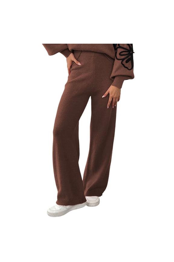 Women's Casual Pants Solid Color Knit Wide Leg Pants Soft Elastic High Waisted Loose Fit Trousers For Cozy Casual Wear Effortless Chic Style Classic Pants