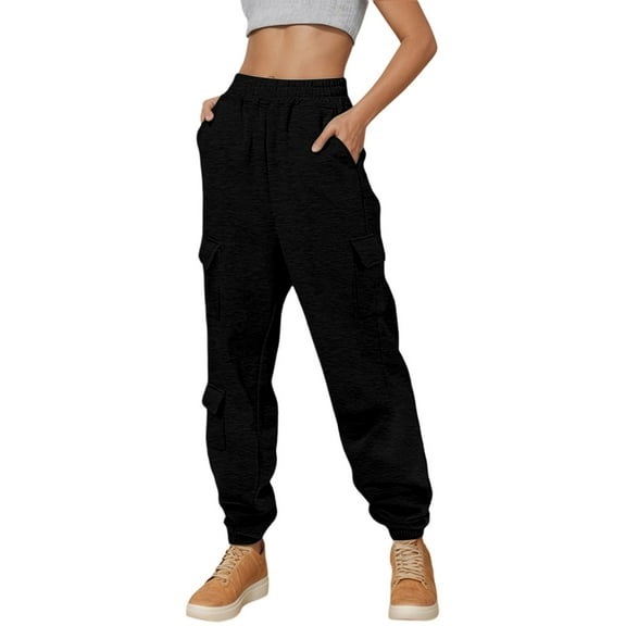 VNKIDY Women's Casual Pants Solid Color Loose Fit Cargo Sweatpants Elastic Waisted Drawstring Trousers With Multiple Pockets For Streetwear Casual Style Leisure Pants