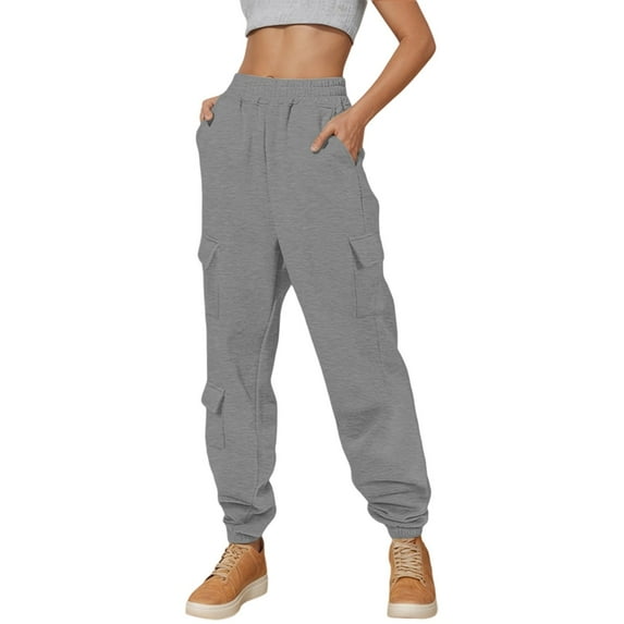 VNKIDY Women's Casual Pants Solid Color Loose Fit Cargo Sweatpants Elastic Waisted Drawstring Trousers With Multiple Pockets For Streetwear Casual Style Soft Pants