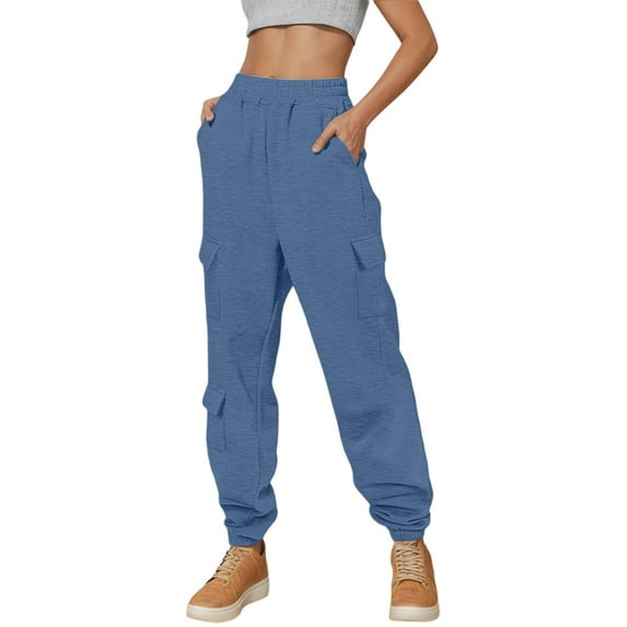 VNKIDY Women's Casual Pants Solid Color Loose Fit Cargo Sweatpants Elastic Waisted Drawstring Trousers With Multiple Pockets For Streetwear Casual Style Trendy Pants