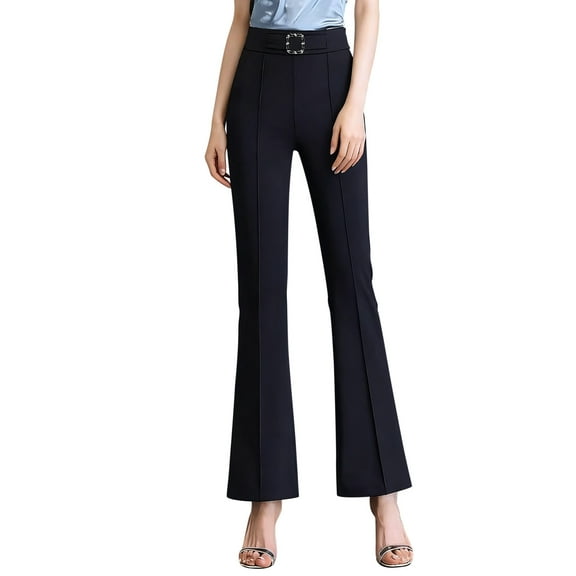 VNKIDY Women's Casual Pants Solid Color Plush Dress Pants High Elastic Waisted Slim Fit Trousers With Buckle Detail For Elegant Office Formal Style Casual Pants