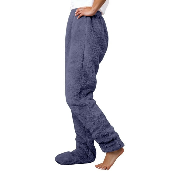 VNKIDY Women's Casual Pants Solid Color Plush Footed Pajama Pants Warm Elastic Waisted Trousers For Cozy Loungewear Sleepwear Style Versatile Pants