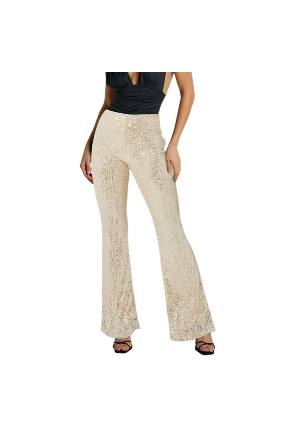 Women's Casual Pants Solid Color Sequin Decorated Flared Pants High Waisted Shiny Fabric Stylish Elegant Bottoms For Party Evening Casual Dressy Occasions Versatile Trousers