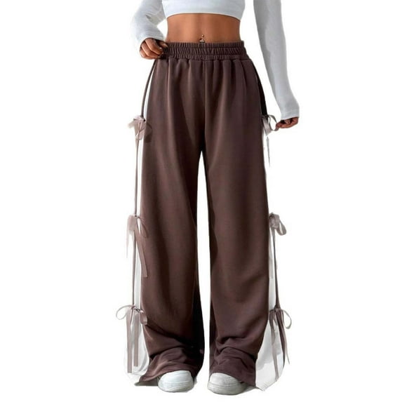 VNKIDY Women's Casual Pants Solid Color Side Bow Wide Leg Pants Elastic Waisted Stylish Design Soft Fabric Trousers For Casual Daily Outdoor Leisure Activities Fashionable Trousers