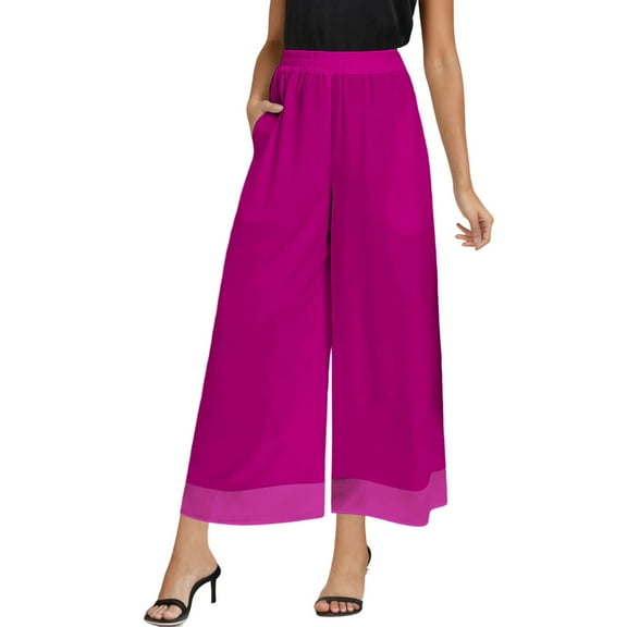 VNKIDY Women's Casual Pants Solid Color Wide Leg Chiffon Culottes Elastic Waisted Trousers With Sheer Hem Detail For Elegant Casual Evening Style Casual Pants