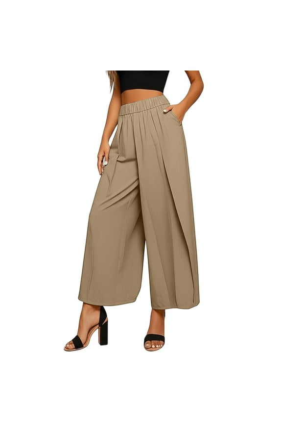 Women's Casual Pants Solid Color Wide Leg Culottes High Waisted Elastic Waist Casual Pants With Pleated Design For Effortless Summer Chic Style Leisure Pants