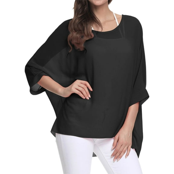 VNKIDY Women's Chiffon Shirt Solid Color Batwing Long Sleeve Chiffon Top Loose Fit Crewneck Blouse With Flowy Silhouette For Summer Daily Comfortable Tops