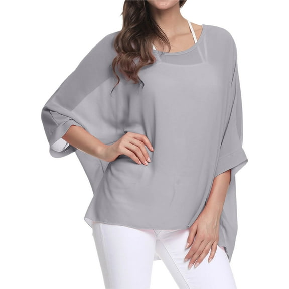 VNKIDY Women's Chiffon Shirt Solid Color Batwing Long Sleeve Chiffon Top Loose Fit Crewneck Blouse With Flowy Silhouette For Summer Daily Soft Tops