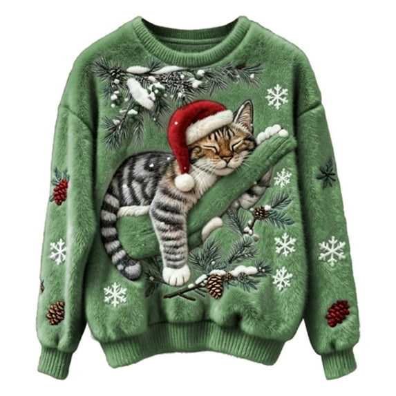 VNKIDY Women's Christmas Pullover Sweater Xmas Fashion Fuzzy Sweater With Santa Hat Cat Pine Tree Pattern Crewneck Long Sleeve Loose Fit Jumper For Holiday Events Casual Wear Relaxed Fit Knitwear