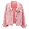 thumbnail image 1 of VNKIDY Women's Coat Autumn Winter Denim Jacket With Pearl Embellishments Long Sleeve Button Front Glam Edgy Style Coat For Casual Daily Streetwear Activities Soft Outerwear, 1 of 4