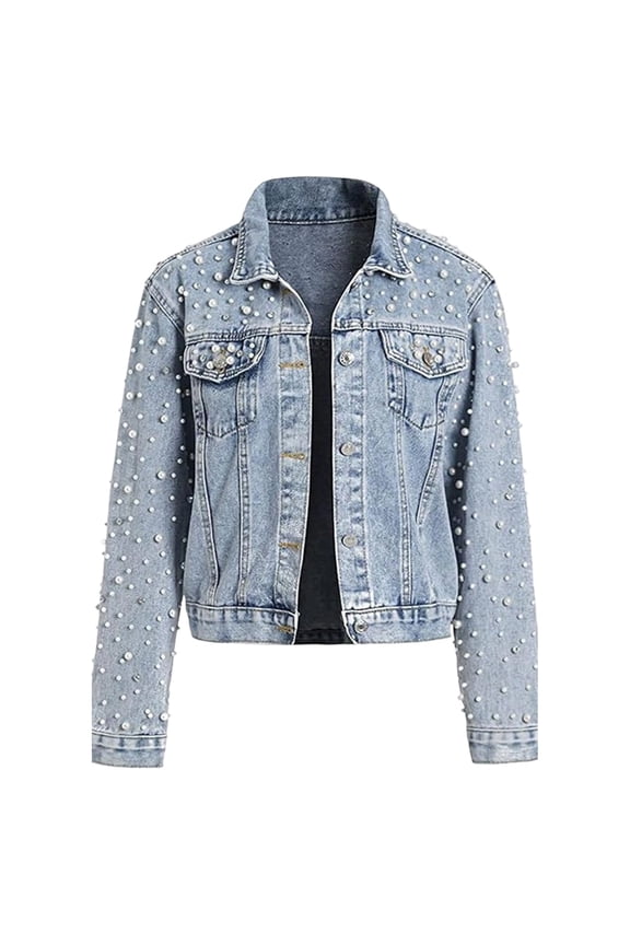 Women's Coat Autumn Winter Denim Jacket With Pearl Embellishments Long Sleeve Button Front Glam Edgy Style Coat For Casual Daily Streetwear Activities Soft Outerwear