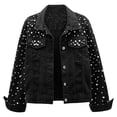 thumbnail image 1 of VNKIDY Women's Coat Autumn Winter Denim Jacket With Pearl Embellishments Long Sleeve Button Front Glam Edgy Style Coat For Casual Daily Streetwear Activities Classic Outerwear, 1 of 5