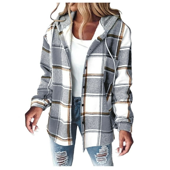 VNKIDY Women's Coat Autumn Winter Plaid Hooded Shacket With Plush Lining Long Sleeve Button Front Versatile Coat For Casual Daily Streetwear Activities Trendy Outerwear