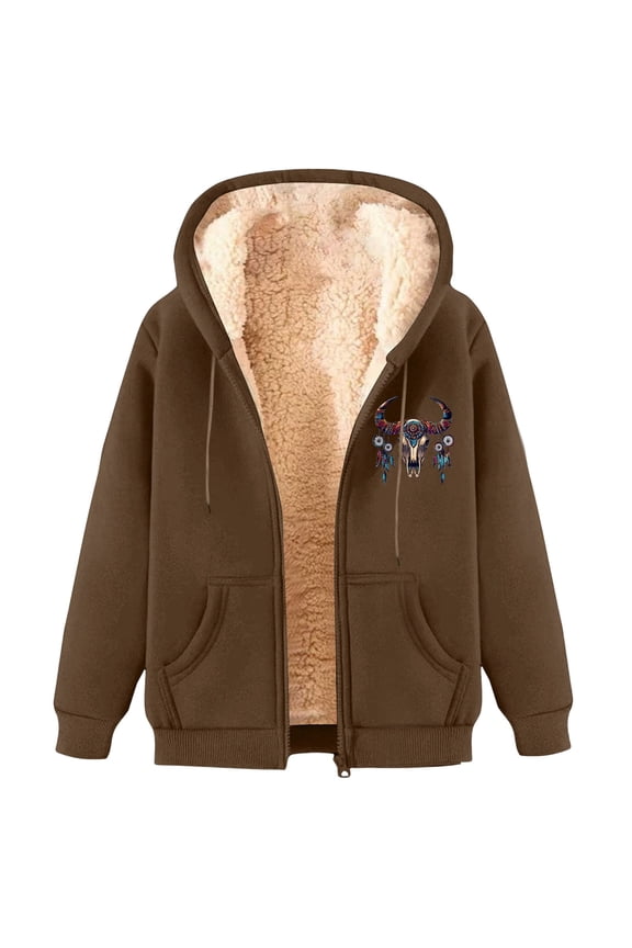 Women's Coat Autumn Winter Plush Lined Hooded Jacket With Santa Bull Skull Print Long Sleeve Zipper Cozy Cute Style Versatile Coat For Casual Daily Streetwear Activities Soft Outerwear