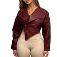 thumbnail image 1 of VNKIDY Women's Coat Autumn Winter Solid Color Asymmetrical Cropped Leather Jacket With Wide Collar Long Sleeve Button Front Coat For Casual Daily Streetwear Activities Trendy Outerwear, 1 of 4