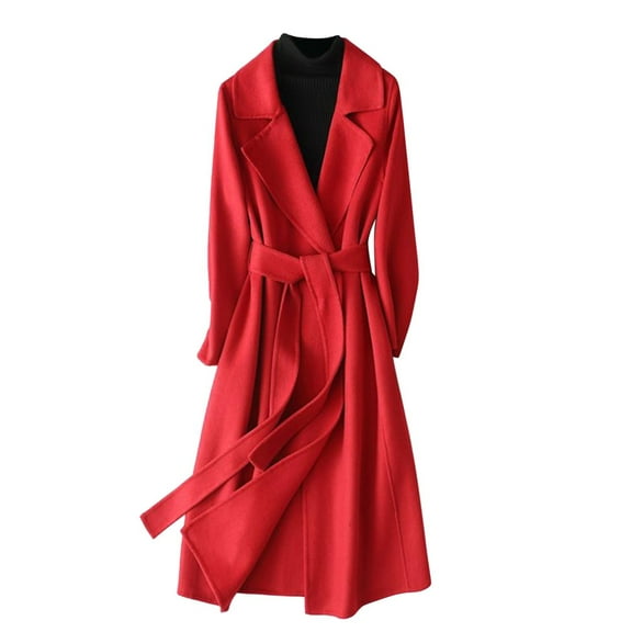 VNKIDY Women's Coat Autumn Winter Solid Color Belted Plush Coat Long Sleeve Collared Elegant Timeless Style Coat For Casual Daily Streetwear Activities Holiday Outerwear