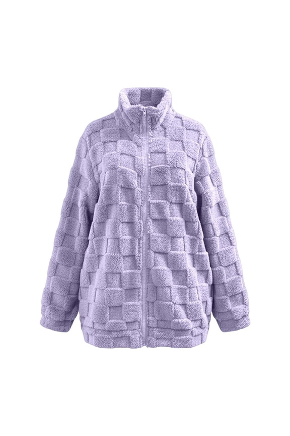Women's Coat Autumn Winter Solid Color Checkered Texture Plush Jacket Long Sleeve Zipper Stand Collar Stylish Cozy Style Coat For Casual Daily Streetwear Activities Casual Outerwear