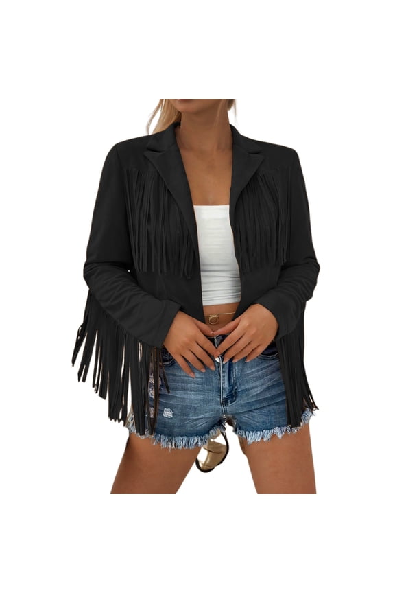 Women's Coat Autumn Winter Solid Color Fringed Blazer Long Sleeve Edgy Stylish Style Cropped Jacket For Casual Daily Streetwear Activities Leisure Outerwear