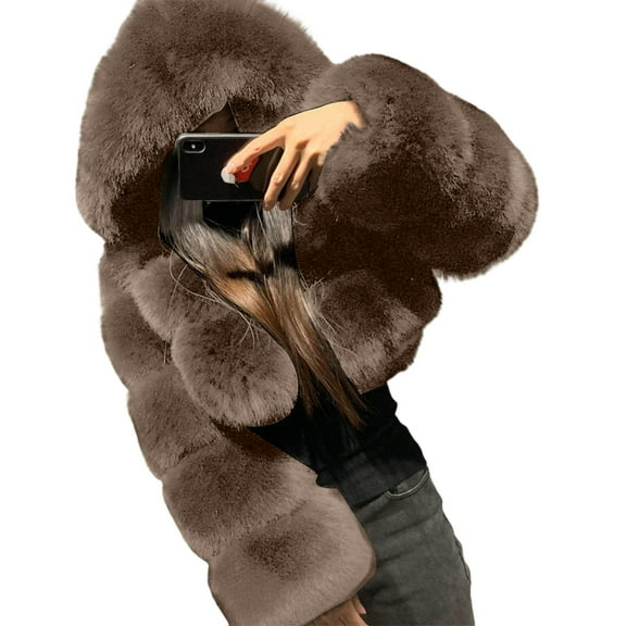 VNKIDY Women's Coat Autumn Winter Solid Color Fuzzy Hooded Jacket Long Sleeve Zipper Cropped Coat For Casual Daily Streetwear Versatile Activities Leisure Outerwear