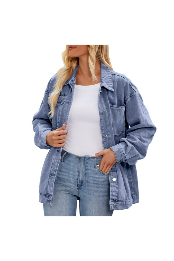 Women's Coat Autumn Winter Solid Color Oversized Denim Jacket Long Sleeve Button Front Relaxed Timeless Style Coat For Casual Daily Streetwear Activities Holiday Outerwear
