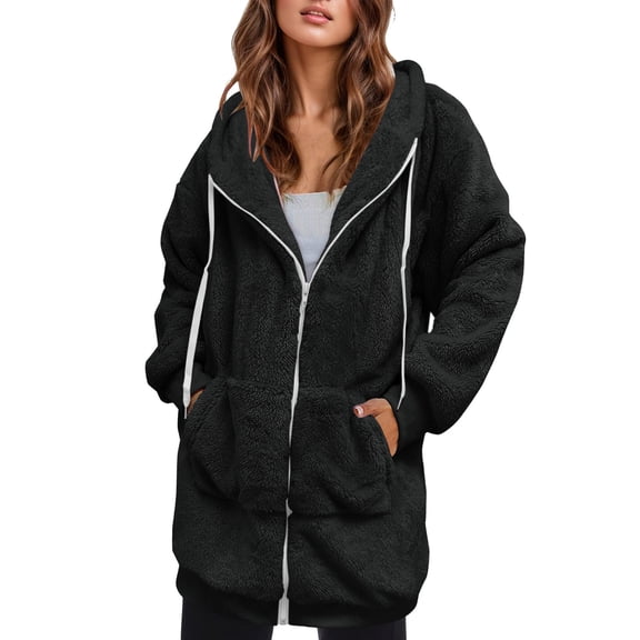 VNKIDY Women's Coat Autumn Winter Solid Color Oversized Plush Jacket With Drawstring Hood Long Sleeve Zipper Cozy Stylish Style Coat For Casual Daily Streetwear Activities Casual Outerwear
