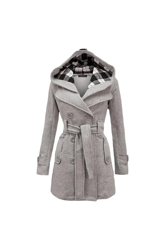 Women's Coat Autumn Winter Solid Color Plaid Lined Hooded Coat With Belted Waist Long Sleeve Button Front Sleek Versatile Coat For Casual Daily Streetwear Activities Casual Outerwear