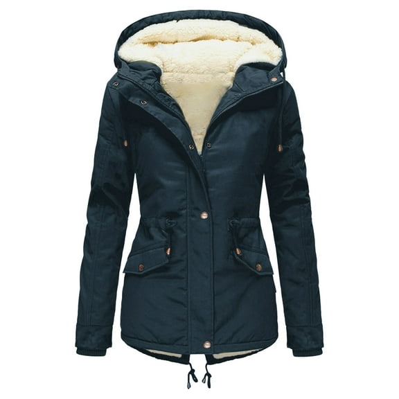VNKIDY Women's Coat Autumn Winter Solid Color Plush Lined Hooded Parka Long Sleeve Zipper Thermal Practical Cozy Style Coat For Casual Daily Streetwear Activities Classic Outerwear