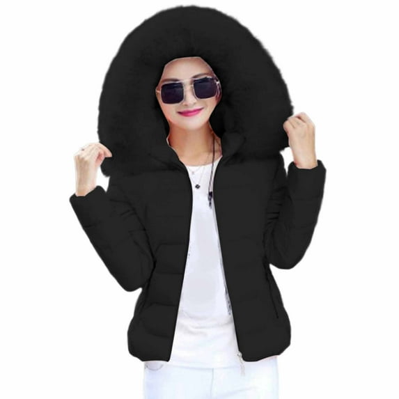 VNKIDY Women's Coat Autumn Winter Solid Color Puffer Jacket With Oversized Fuzzy Hood Long Sleeve Zipper Thermal Coat For Casual Daily Streetwear Activities Warm Outerwear