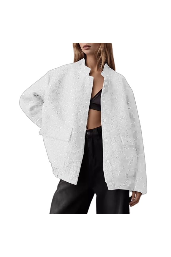 Women's Coat Autumn Winter Solid Color Sequin Embellished Bomber Jacket Long Sleeve Zipper Loose Fit Coat For Casual Daily Streetwear Activities Casual Outerwear