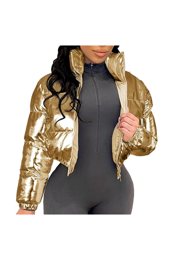Women's Coat Autumn Winter Solid Color Shiny Cropped Puffer Jacket Long Sleeve Zipper Sleek Style Coat For Casual Daily Streetwear Activities Cozy Outerwear
