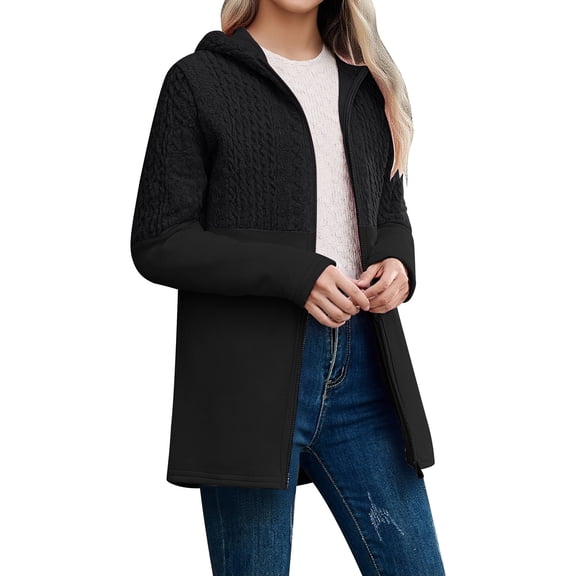 VNKIDY Women's Coat Autumn Winter Solid Color Textured Panel Hooded Jacket Long Sleeve Zipper Sleek Cozy Style Coat For Casual Daily Streetwear Activities Soft Outerwear