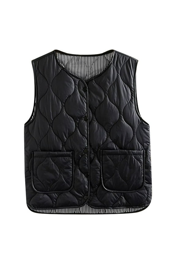 Women's Cozy Inner Vest Solid Color Sleeveless Collarless Jacket Button Front Warm Gilet With Pockets For Fall Winter Outerwear Trendy Top
