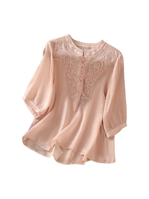 Women's Floral Embroidery Half Sleeve T Shirt Lightweight Mandarin Collar Button Front Loose Fit Blouse For Casual Daily Office Wear Trendy Tops