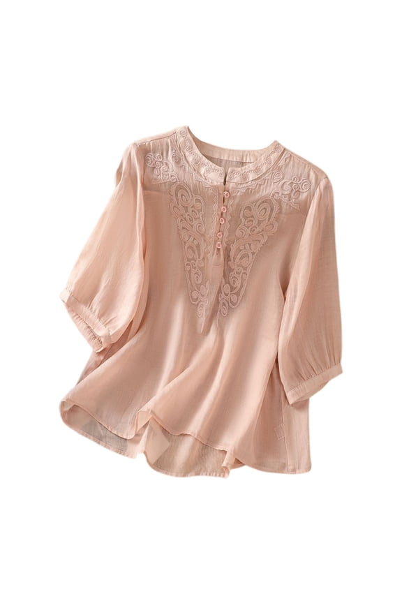 Women's Floral Embroidery Half Sleeve T Shirt Lightweight Mandarin Collar Button Front Loose Fit Blouse For Casual Daily Office Wear Trendy Tops