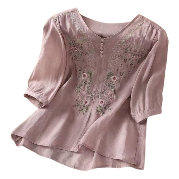 VNKIDY Women's Floral Embroidery Pattern Half Sleeve T Shirts Lightweight Loose Fit Crewneck Button Front Blouse For Casual Daily Wear Classic Tops