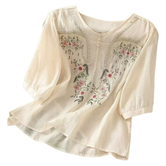 VNKIDY Women's Floral Embroidery Pattern Half Sleeve T Shirts Lightweight Loose Fit Crewneck Button Front Blouse For Casual Daily Wear Soft Tops