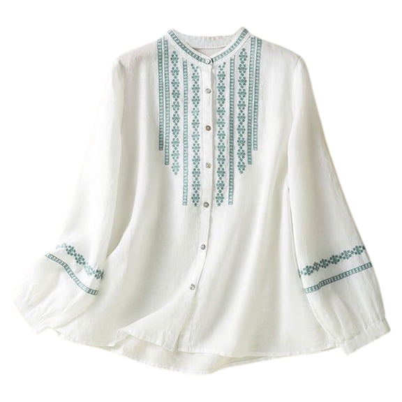 VNKIDY Women's Long Sleeve Loose Fit T Shirts Mandarin Collar Button Front Vintage Embroidery Pattern Blouse For Casual Daily Office Wear Versatile Tops