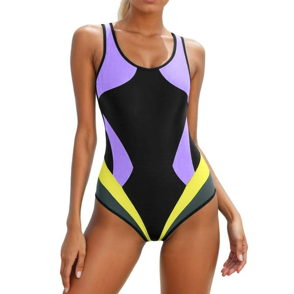 VNKIDY Women's Multicolor Onesie Swimsuit Contrast Panel Sleeveless Crewneck High Waist Stretchy Bathing Suit For Beach Pool Water Sports Wear Leisure Swimwear