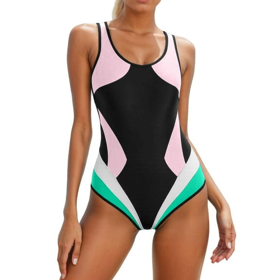 VNKIDY Women's Multicolor Onesie Swimsuit Contrast Panel Sleeveless Crewneck High Waist Stretchy Bathing Suit For Beach Pool Water Sports Wear Trendy Swimwear