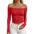thumbnail image 1 of VNKIDY Women's Off Shoulder Solid Color Long Sleeve T Shirt Crewneck Stretchy Slim Fit Basic Tees For Casual Daily Wear Soft Tops, 1 of 3