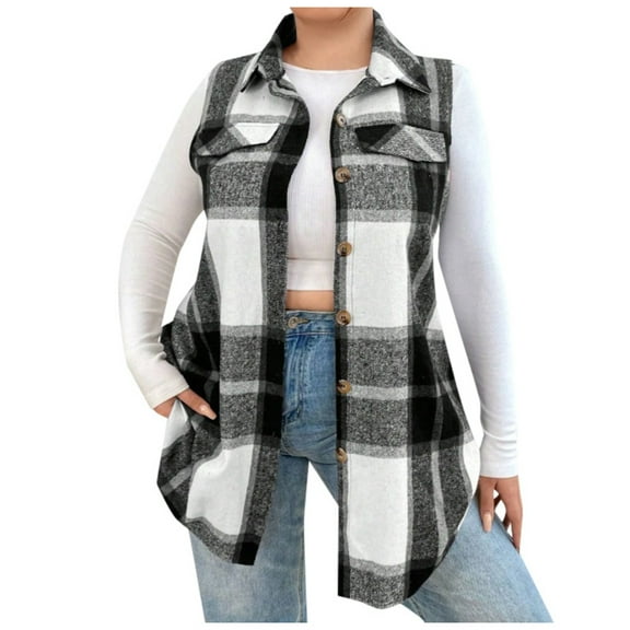 VNKIDY Women's Outerwear Vests Fall Winter Warm Plaid Vest Sleeveless Lapel Button Down Waistcoat With Pockets For Casual Daily Wear Soft Outerwear