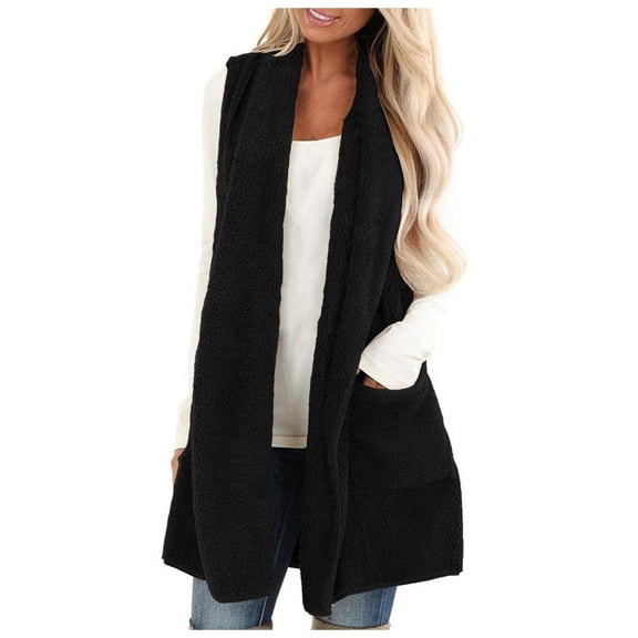 VNKIDY Women's Outerwear Vests Ladies Solid Color Open Front Vest Sleeveless Cardigan With Pockets Fuzzy Plush Gilet Long Coat For Fall Winter Casual Layering Outfits Soft Outerwear